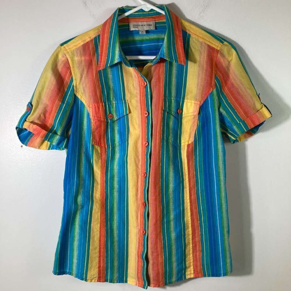Womens Jones New York Sport Cotton Shirt Short Cuff‎ Sleeve Button Stripe S